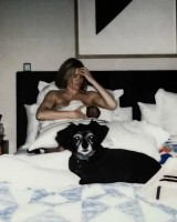 Emma Greenwell with her baby and pet